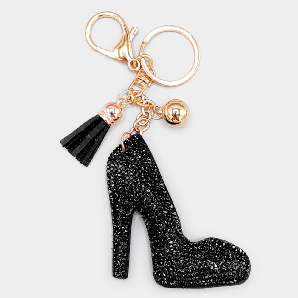 New Womens Boutique Black Bling High Heel Pump Stiletto 3D Tassel Keychain